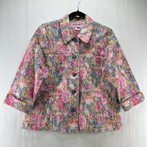 Rebecca Malone Jackets & Blazers - Rebecca Malone Jacket Size PL Petite Trucker Paisley Jacquard 3/4 Sleeve Pink